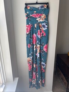 Band of Gypsies Teal Floral Strapless Dress with Pink and Purple Blooms